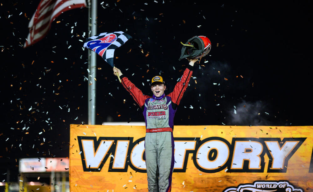 Bobby Pierce celebrates a win at Boone Speedway