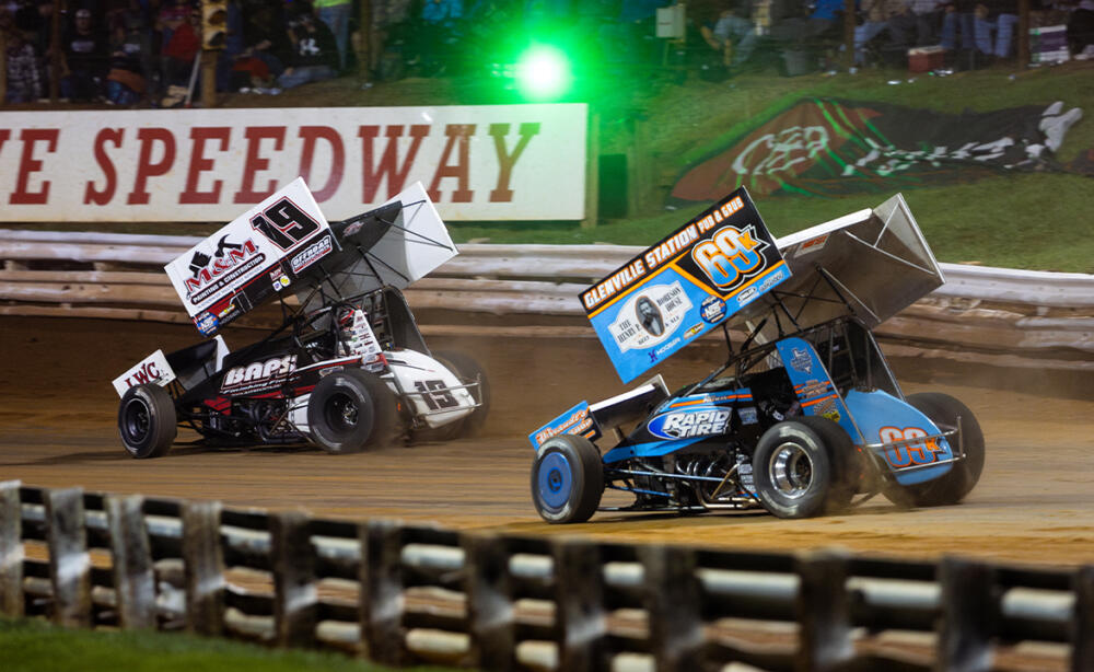 Brent Marks races ahead of Daryn Pittman at Williams Grove Speedway