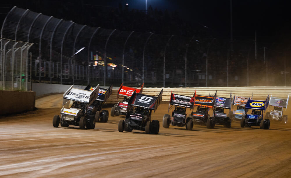 A pack of Sprint Cars take the green flag at Port Royal Speedway