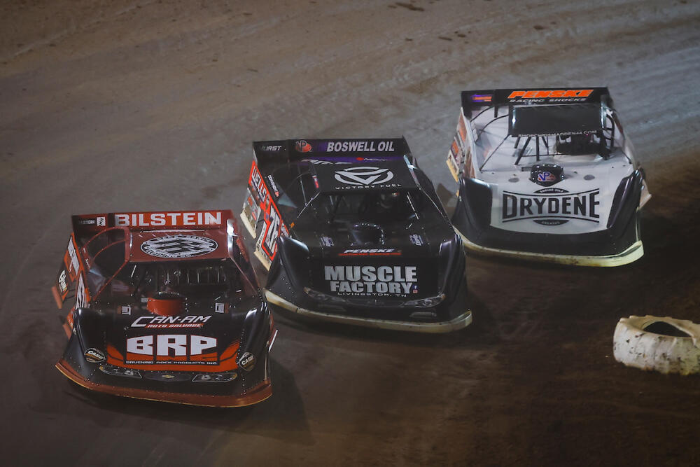 Mike Marlar, Brandon Overton and Chris Madden racing at The Dirt Track at Charlotte Motor Speedway