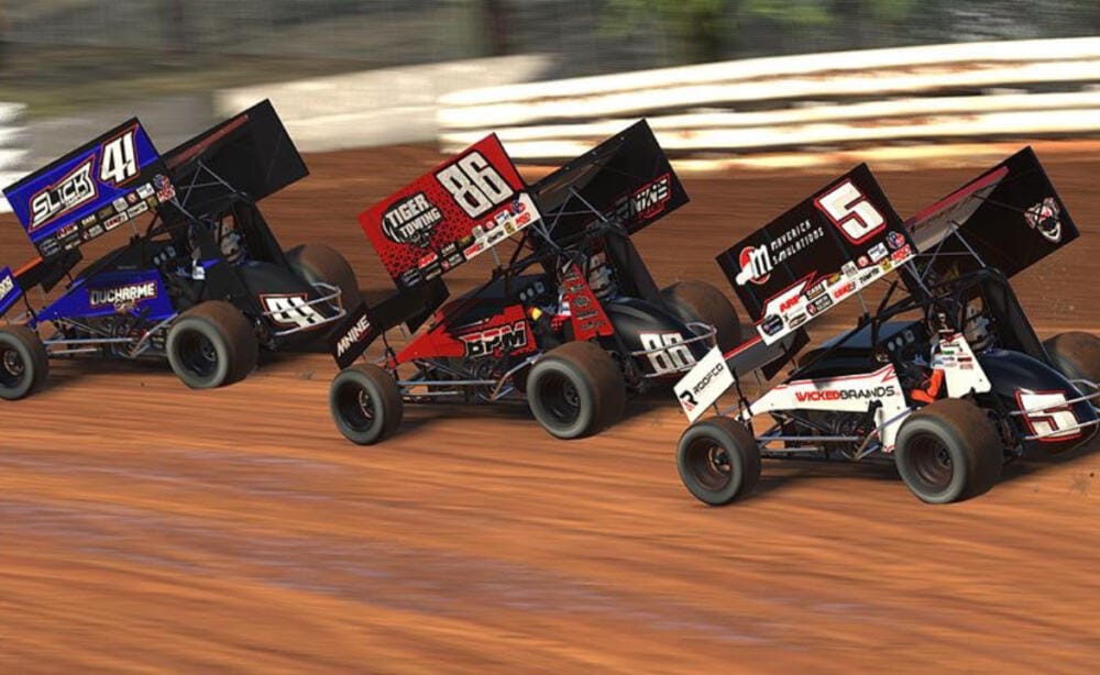 three iRacing Sprint Cars race nose to tail at Williams Grove Speedway