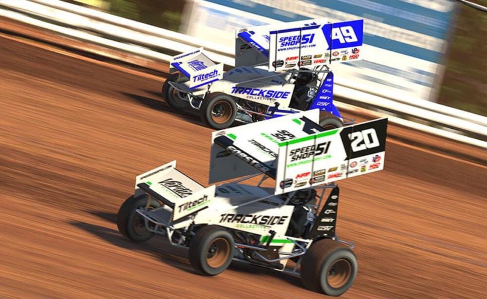 Sprint Cars race side by side on iRacing