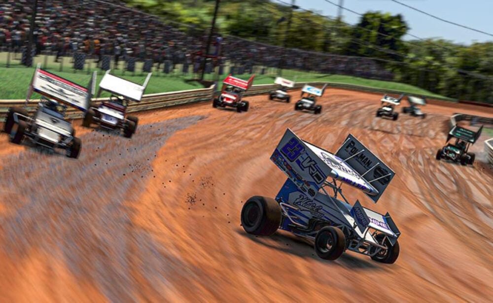 Kenny Miller leads a pack of iRacing Sprint Cars at Lincoln Speedway