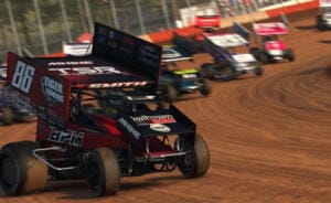 The iRacing World of Outlaws Thrustmaster Sprint Cars racing at Lincoln Speedway