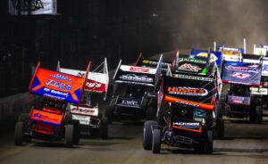 The World of Outlaws Sprint Cars take the green flag at Volusia Speedway Park