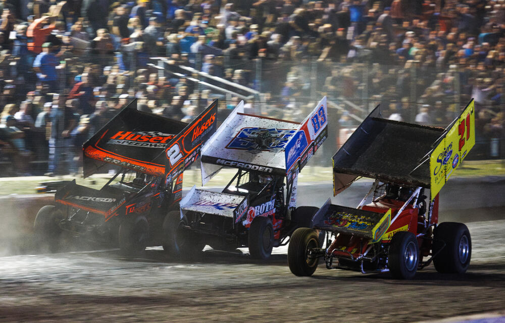 David Gravel and James McFadden side by side coming to the checkered flag at Devil's Bowl Speedway