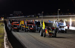 The World of Outlaws in the 4-Wide Salute at Devil's Bowl Speedway