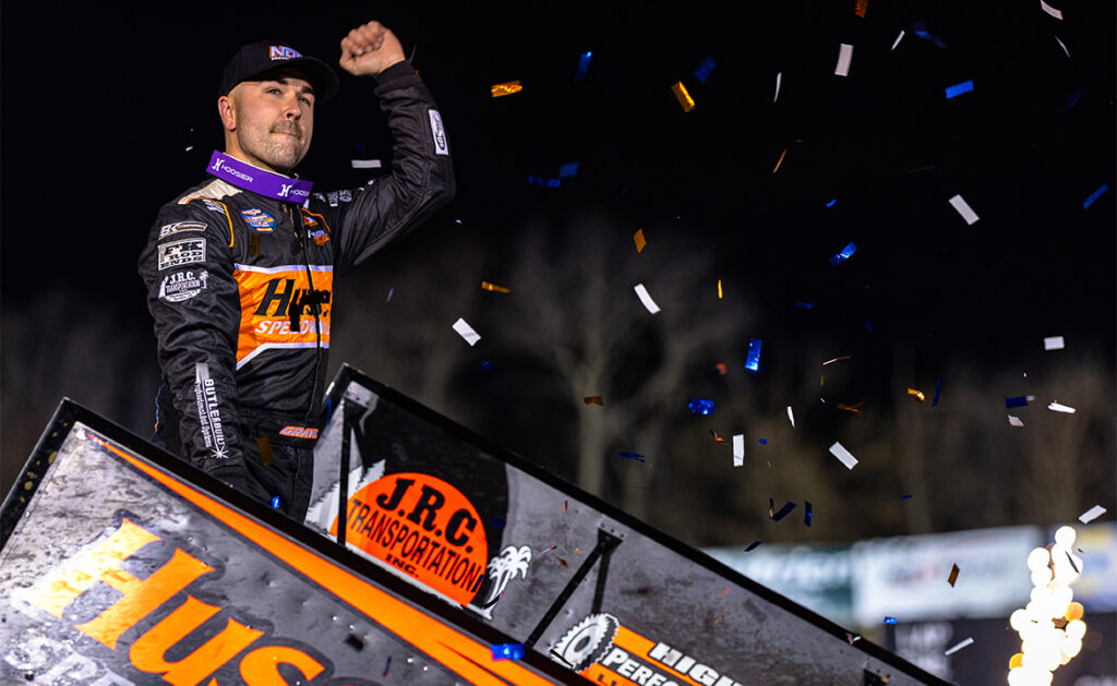David Gravel celebrates his US 36 victory with a wing dance