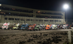 The World of Outlaws 4-Wide Salute at Knoxville Raceway in front of the National Sprint Car Hall of Fame