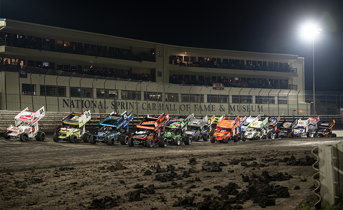 The World of Outlaws 4-Wide Salute at Knoxville Raceway in front of the National Sprint Car Hall of Fame