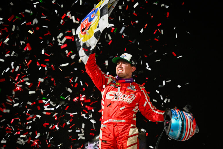 Devin Moran celebrating in Victory Lane