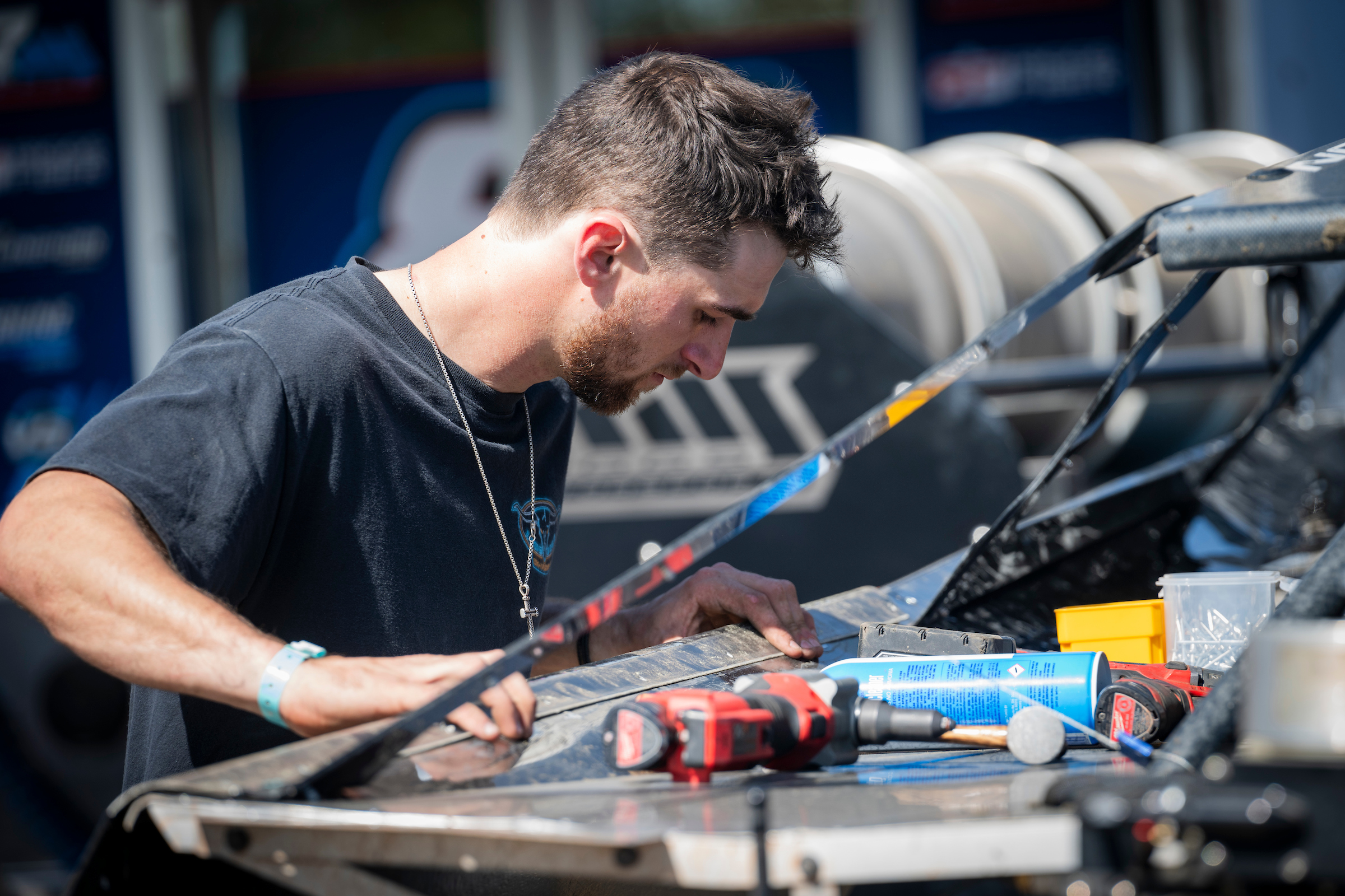 Overton working on car