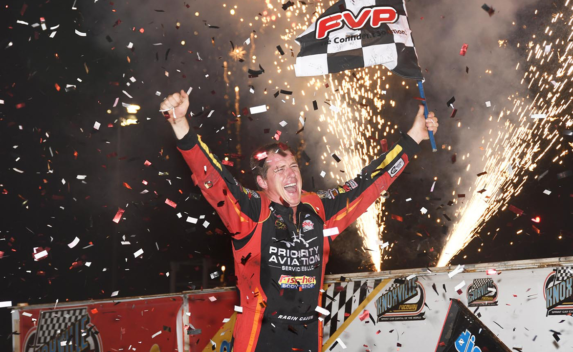 Jason Johnson celebrating winning the Knoxville Nationals
