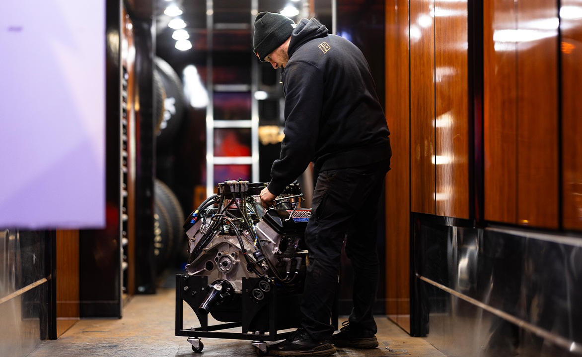Adam Clark works on a Morrison Racing Engine