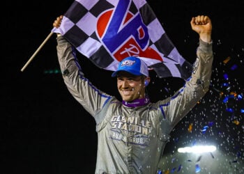 Chase Dietz celebrating at BAPS Motor Speedway