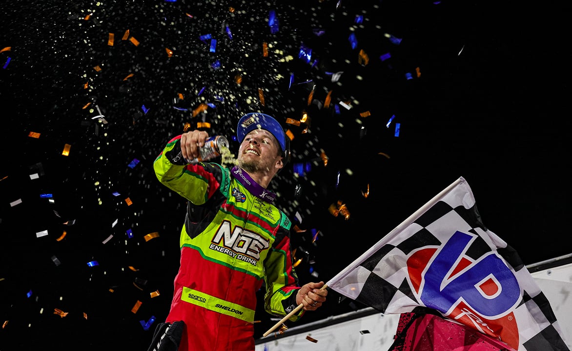 Sheldon Haudenschild celebrates at Knoxville Raceway