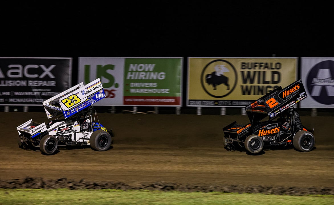 Garet Williamson races ahead of David Gravel at River Cities Speedway