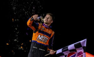 Sheldon Haudenschild celebrating at Ogilvie Raceway