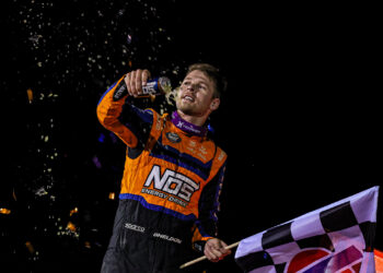 Sheldon Haudenschild celebrating at Ogilvie Raceway