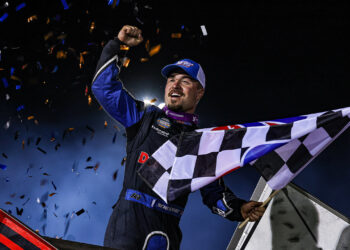 Logan Schuchart celebrating at Jackson Motorplex