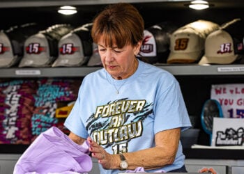 Diane Schatz in Donny Schatz's merchandise trailer