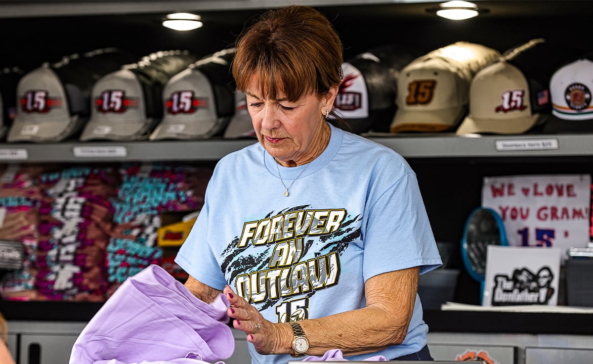 Diane Schatz in Donny Schatz's merchandise trailer