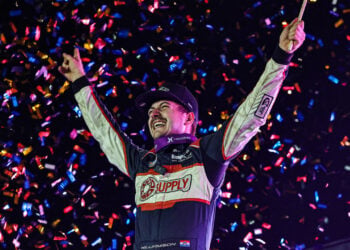 Garet Williamson celebrates at River Cities Speedway