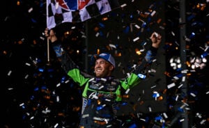Carson Macedo celebrating at Fix It Forward Speedway