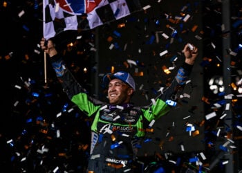 Carson Macedo celebrating at Fix It Forward Speedway