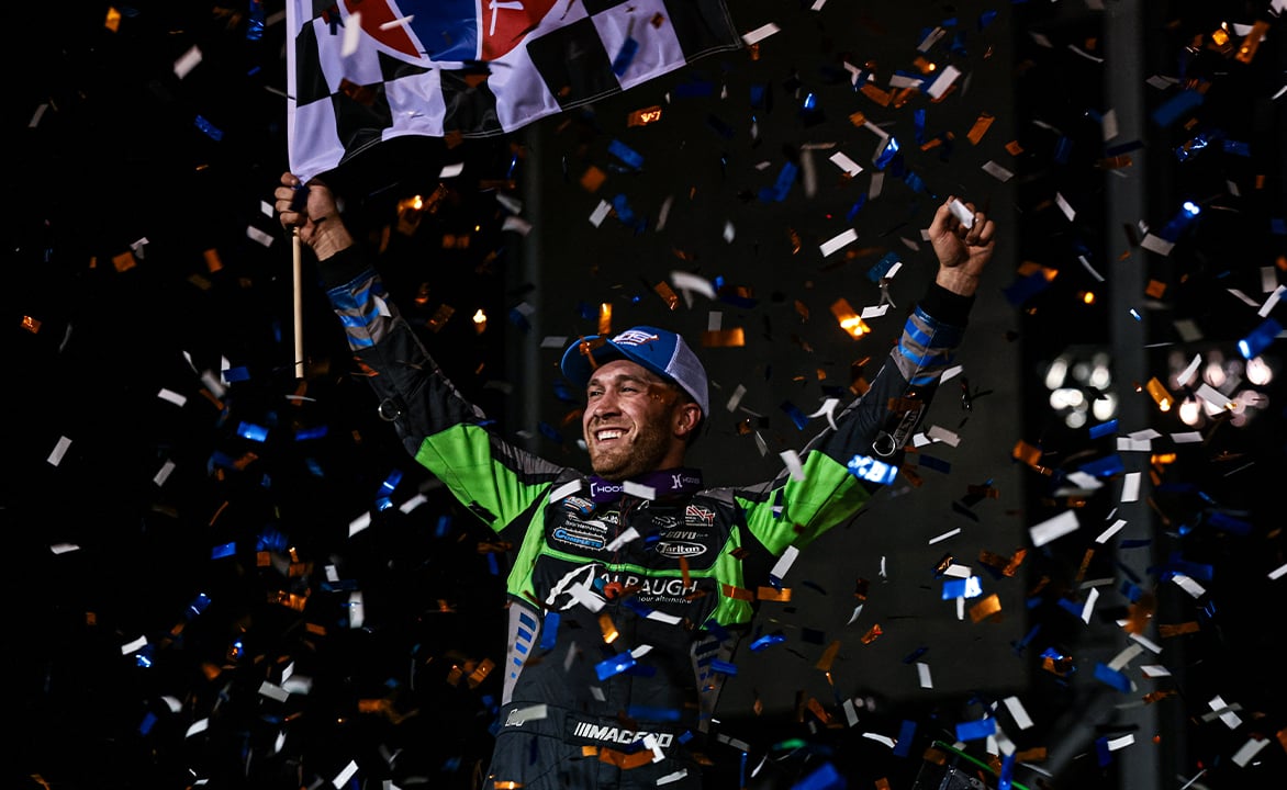 Carson Macedo celebrating at Fix It Forward Speedway