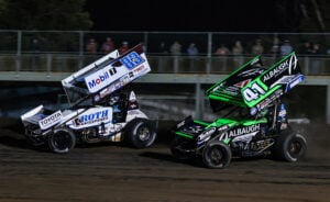 Buddy Kofoid races ahead of Carson Macedo at Nodak Speedway