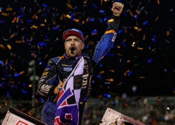 Chris Windom celebrates at I-55 Federated Auto Parts Raceway Park
