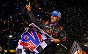 David Gravel celebrates at Williams Grove Speedway