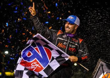 David Gravel celebrates at Williams Grove Speedway