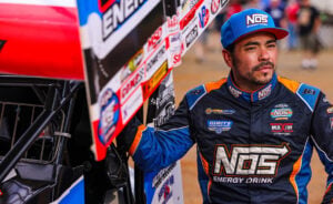 Chris Windom in his NOS Energy Drink fire suit