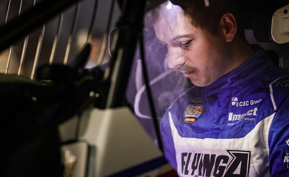 Garet Williamson sitting in the Fischer Motorsports No. 23 Sprint Car