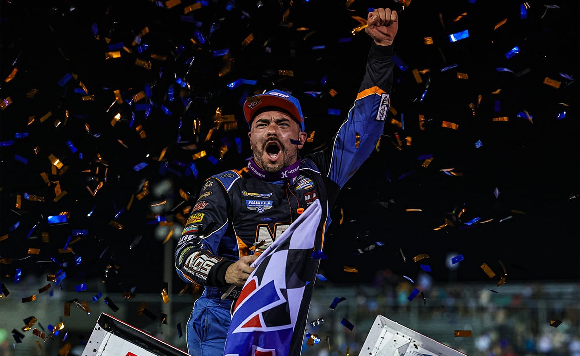 Chris Windom celebrating his win at I-55