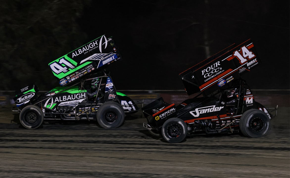 Carson Macedo races ahead of Corey Day at Kings Speedway