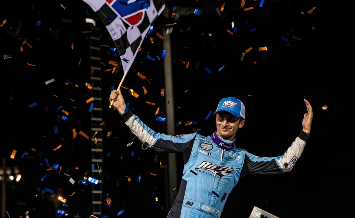 Buddy Kofoid celebrating at Nodak Speedway