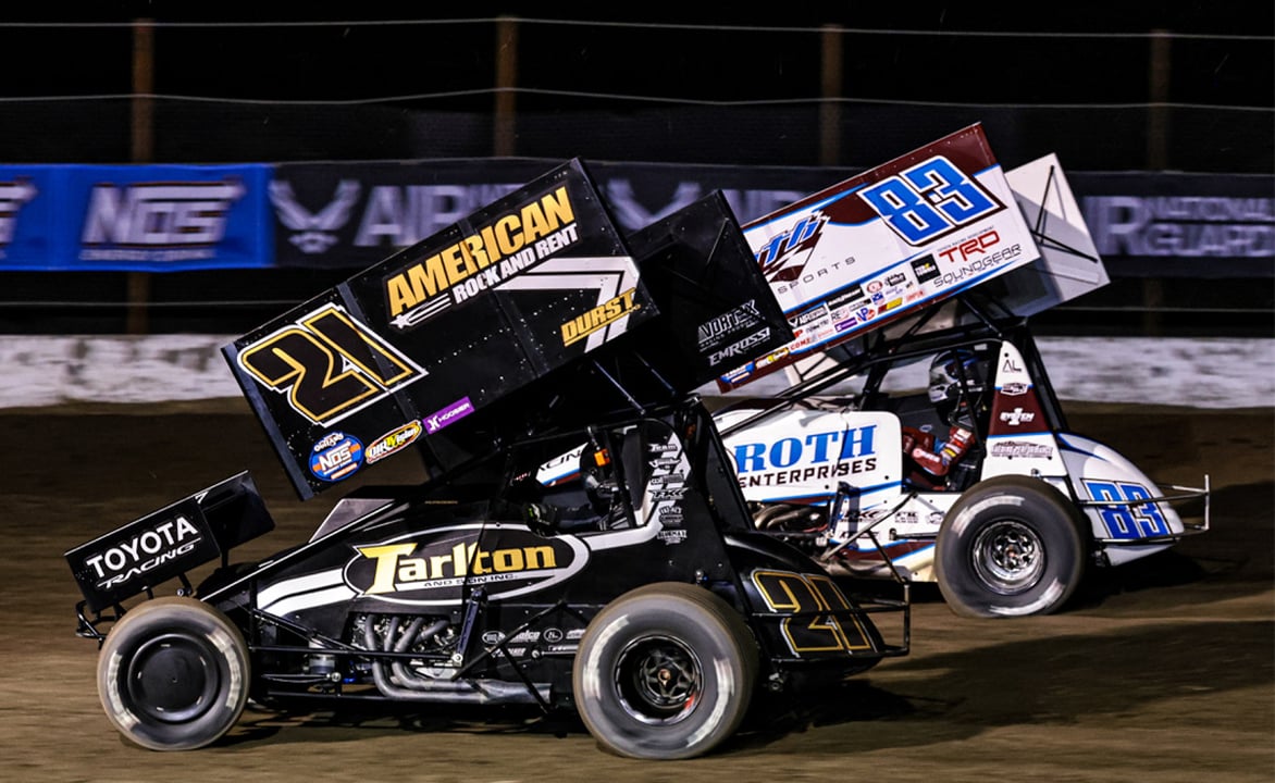 James McFadden races under Buddy Kofoid at Stockton Dirt Track