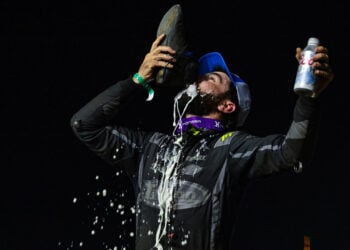 James McFadden celebrating at Stockton Dirt Track