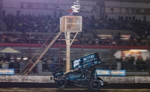 Justin Sanders takes the checkered flag at Stockton Dirt Track