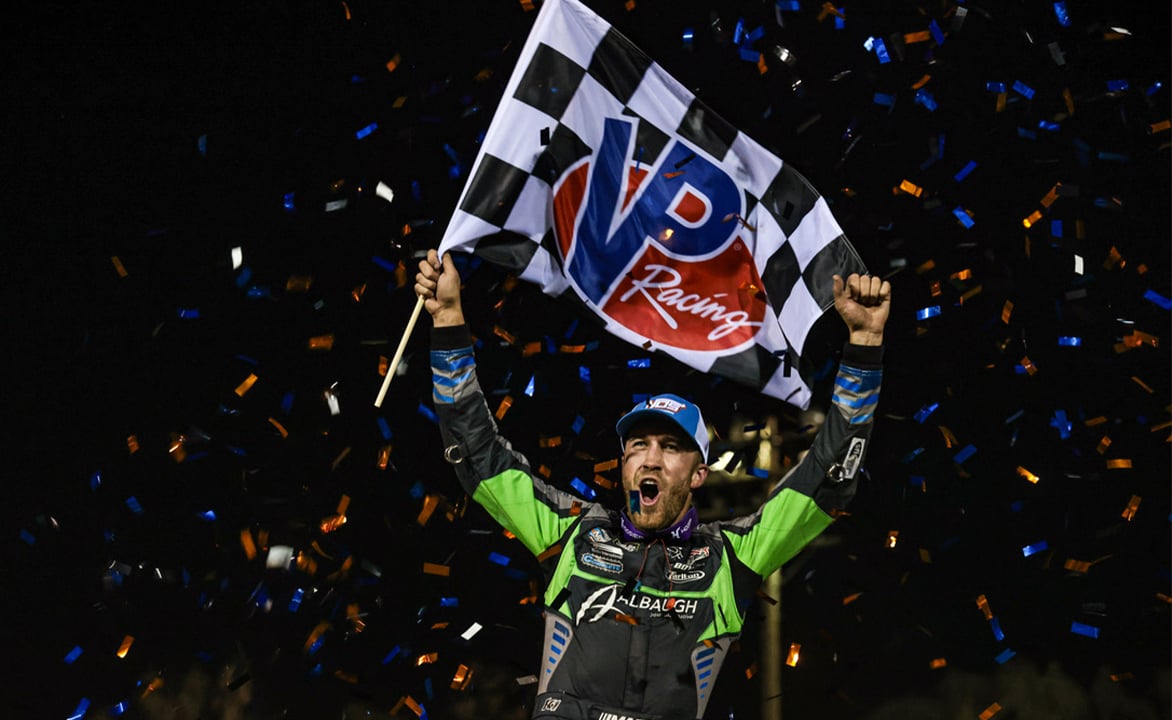 Carson Macedo celebrates at Kings Speedway
