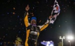 Donny Schatz celebrating at Bakersfield Speedway at Kevin Harvick's Kern Raceway