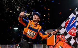 Sheldon Haudenschild celebrating at Huset's Speedway