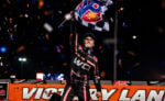 Emerson Axsom celebrates at Huset's Speedway