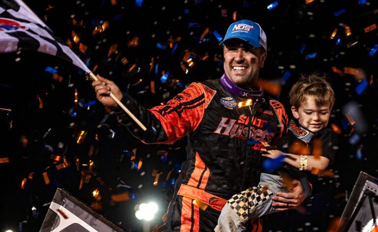 David Gravel celebrating at Williams Grove Speedway