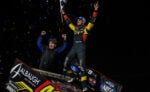 Carson Macedo and Jaxx Johnson celebrate at Texarkana 67 Speedway