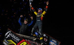 Carson Macedo and Jaxx Johnson celebrate at Texarkana 67 Speedway
