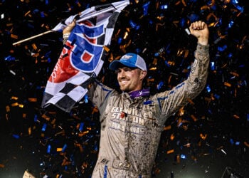 Chase Dietz celebrates at Williams Grove Speedway